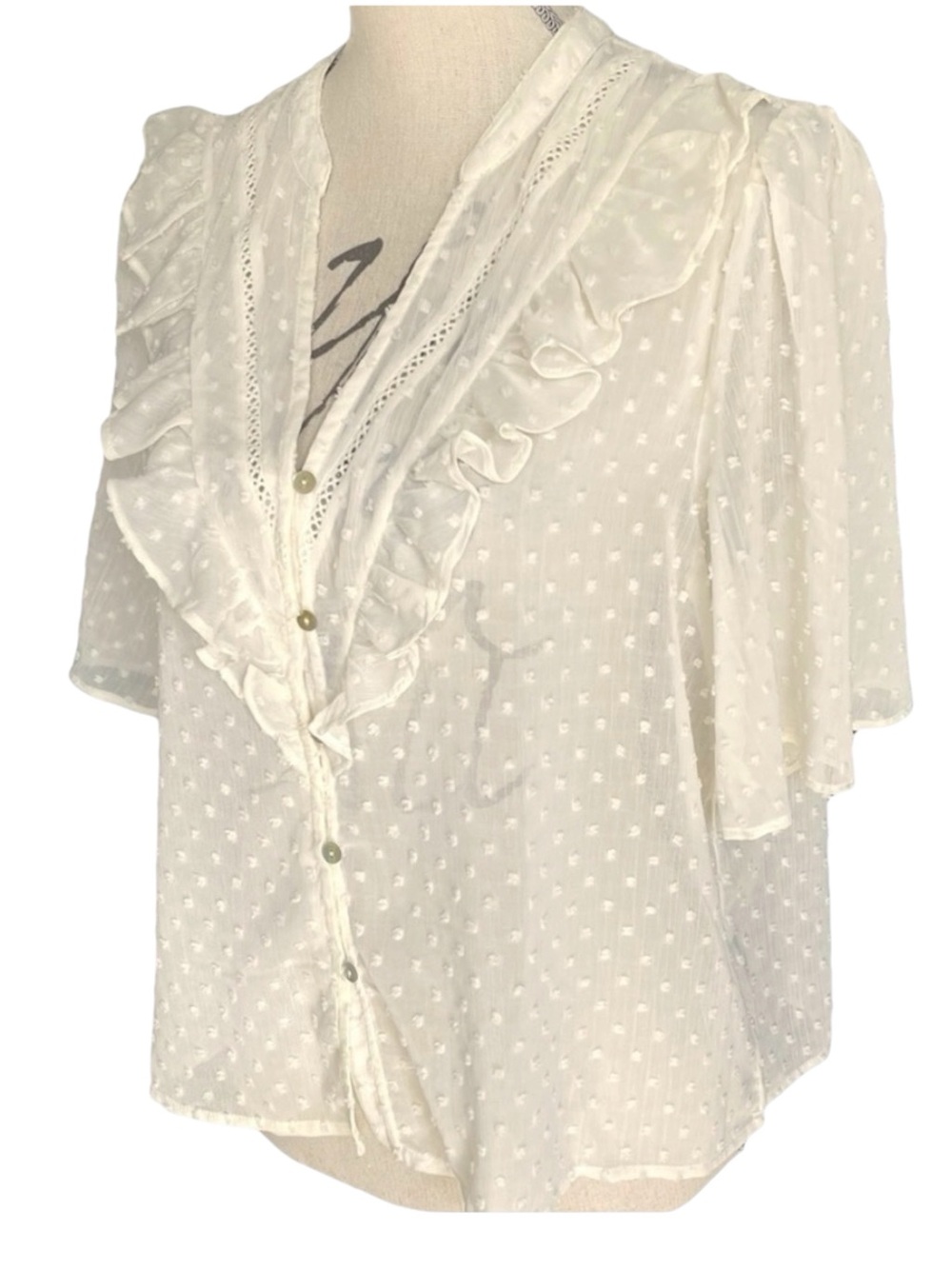 NWT Haver & Blair Off White Sheer Ruffle Short Butterfly Sleeve Boho Top (M)